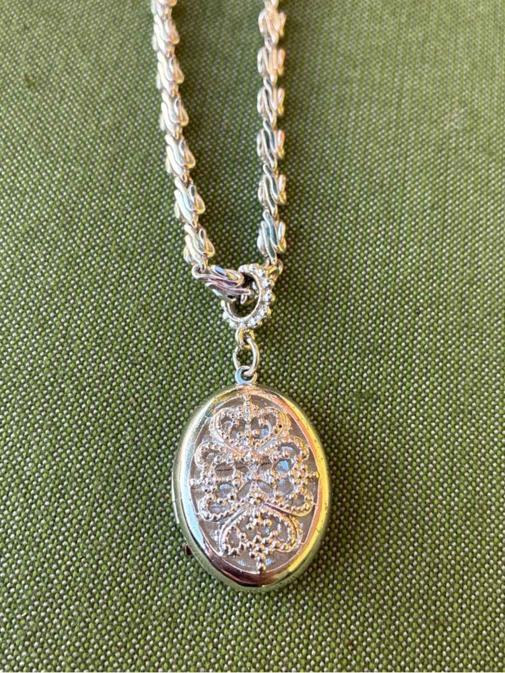 1928 Silver-Tone Oval Filigree Locket Necklace